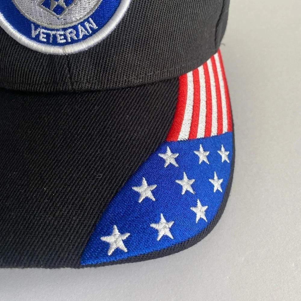 US Air Force Veteran Cap Hat Black Military USA Red White Blue‎ Flag Adjustable